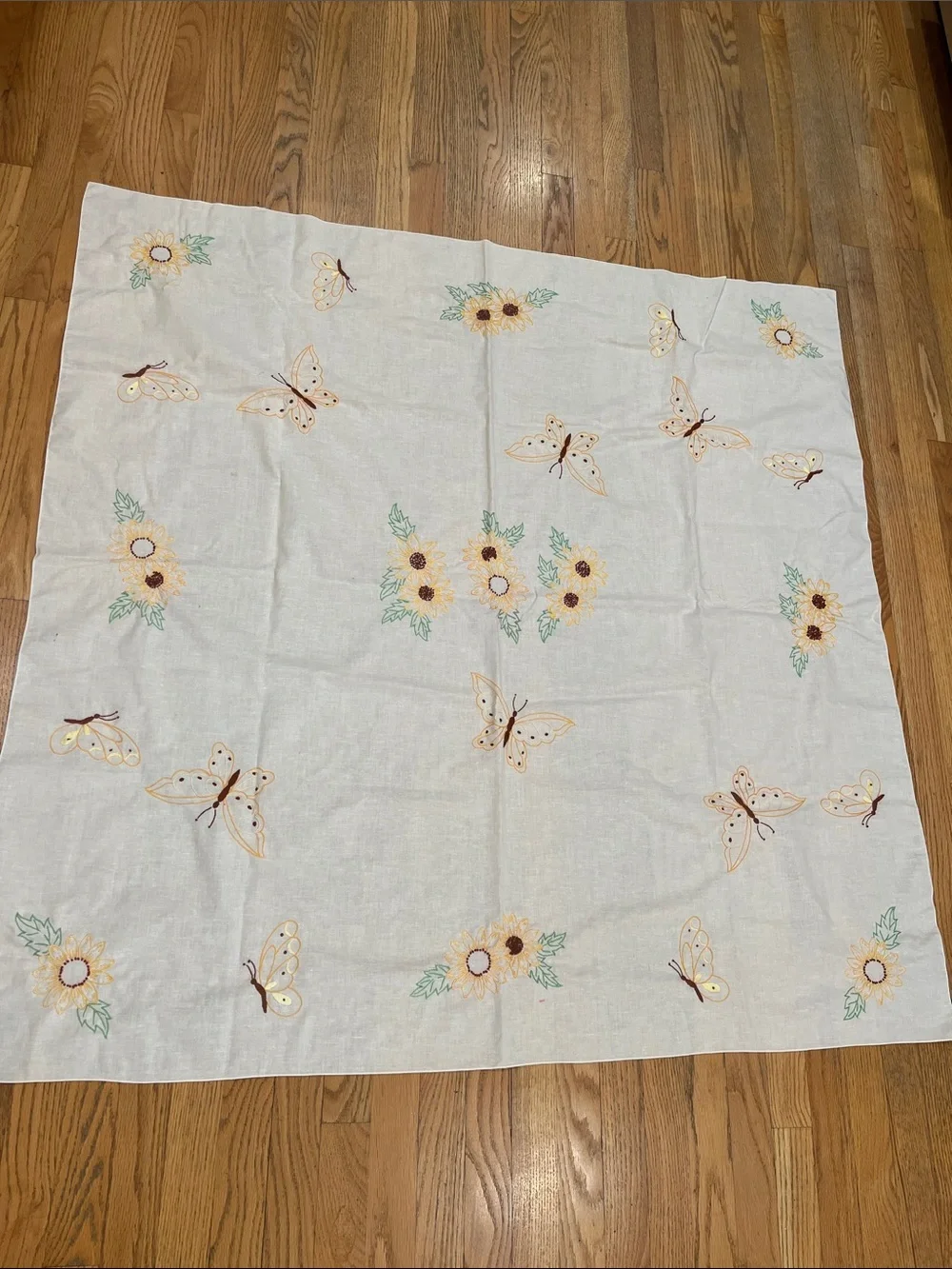 Vtg Embroidery Sunflowers & Butterflies Tablecloth Floral Nature 49.5x50 Cottage